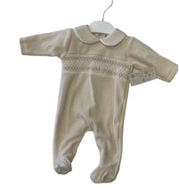 Load image into Gallery viewer, Camel velour smocked baby gro can be personalise