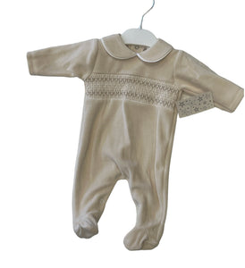 Camel velour smocked baby gro can be personalise