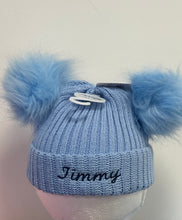 Load image into Gallery viewer, Personalised double pom pom hat blue