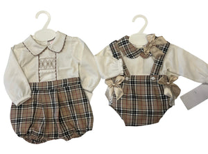 Beige chequered smocked short set