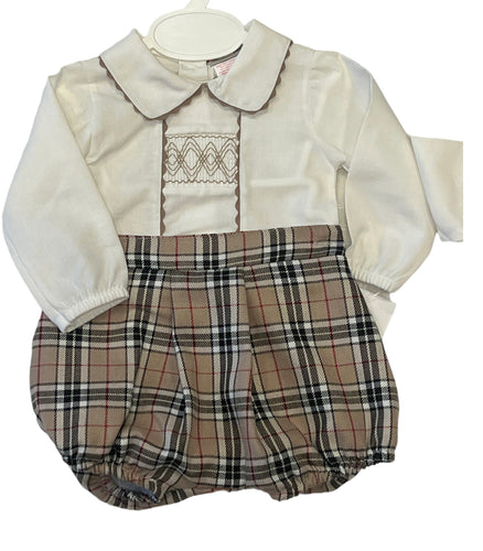 Beige chequered smocked short set