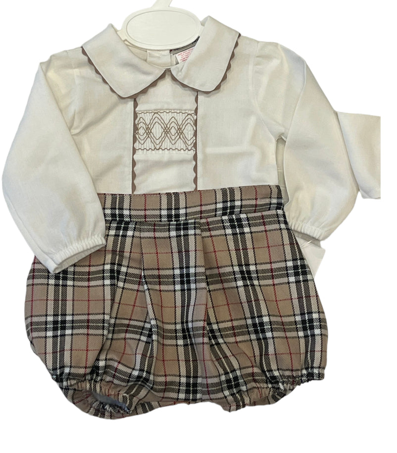 Beige chequered smocked short set