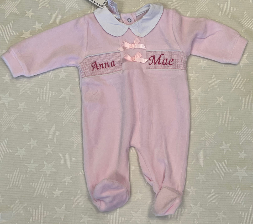 Personalised smocked baby gro pink