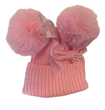 Load image into Gallery viewer, Double pom pom hat with bow 0-12 months