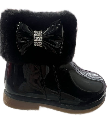 Black patent boot with bow