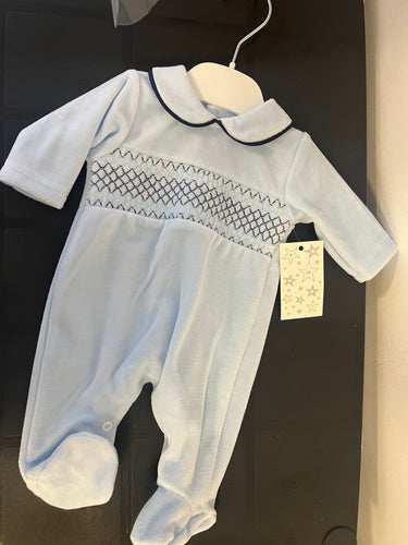 Spanish blue velour smocked baby gro