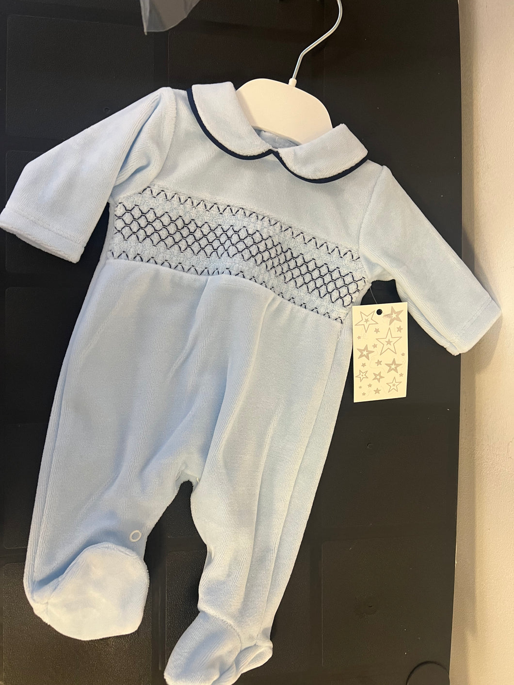 Spanish blue velour smocked baby gro