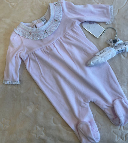 Velour smocked collar baby gro