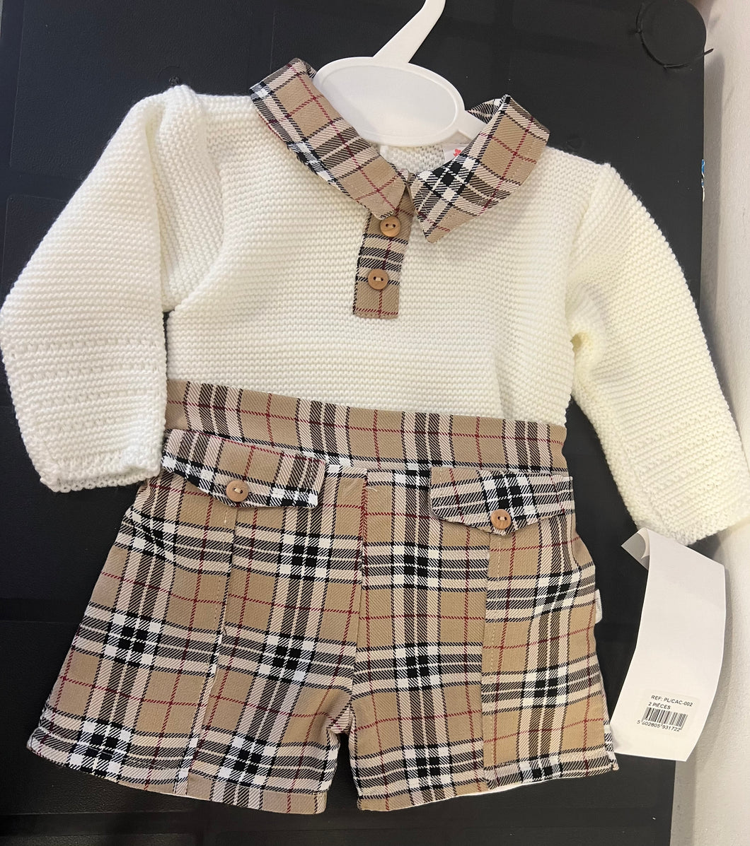 Knit jumper and beige chequered short set 3-36 months