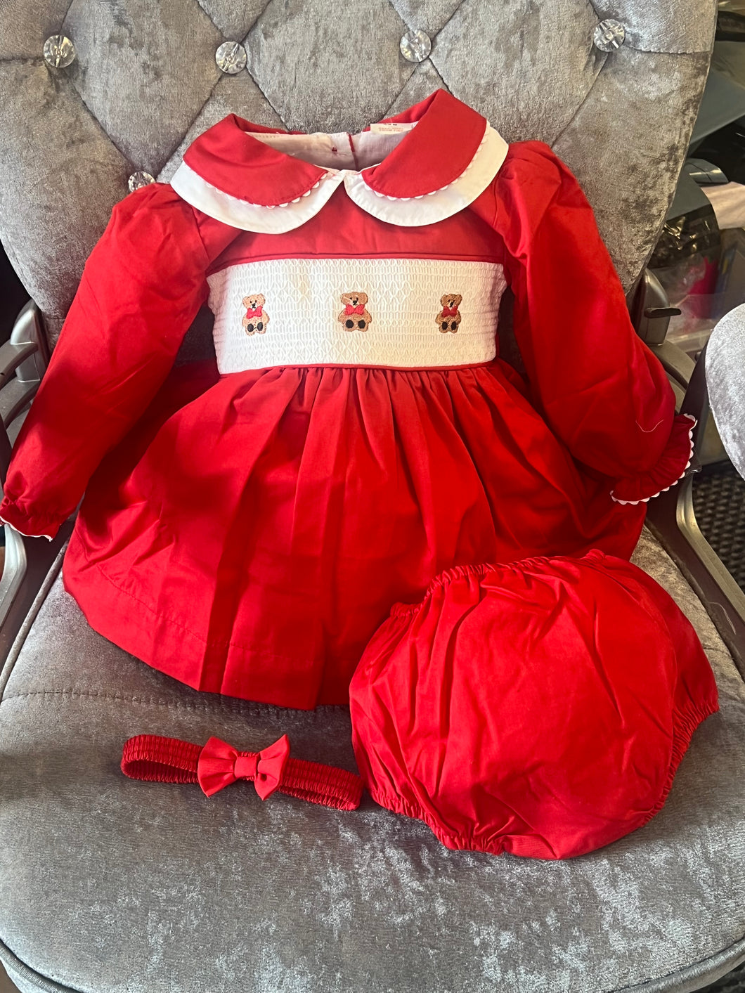 Red teddy smocked dress set newborn - 6 years