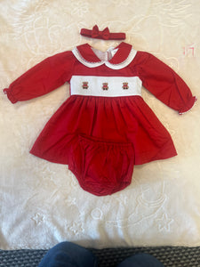 Red teddy smocked dress set newborn - 6 years