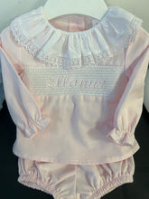Load image into Gallery viewer, Spanish pink smocked 2 piece jam pant set can be personalised
