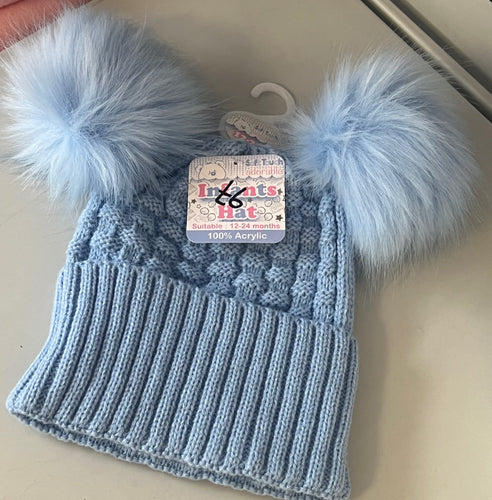 Soft touch blue double pom hat 12-24 months