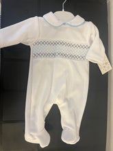 Load image into Gallery viewer, Spanish white and blue velour smocked baby gro