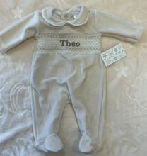 Load image into Gallery viewer, Velour smocked baby gro can be personalised