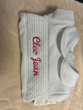 Load image into Gallery viewer, Velour smocked baby gro can be personalised