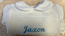 Load image into Gallery viewer, Velour smocked baby gro can be personalised