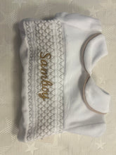 Load image into Gallery viewer, Velour smocked baby gro can be personalised