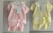Load image into Gallery viewer, Spanish knit bow short sets 18-48 months lemon and pink