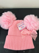 Load image into Gallery viewer, Double Pom Pom hat with bow 0-12 months