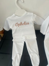 Load image into Gallery viewer, Personalised white 2 piece set any colour embroidery