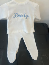 Load image into Gallery viewer, Personalised white 2 piece set any colour embroidery