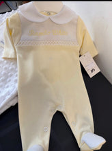 Load image into Gallery viewer, Spanish cotton baby gro  camelcan be personalised