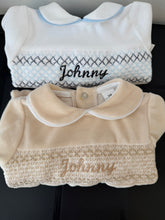 Load image into Gallery viewer, Spanish white and blue velour smocked baby gro