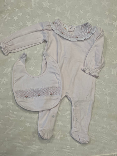 Smocked baby gro and matching bib