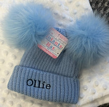 Load image into Gallery viewer, Personalised double pom pom hat blue