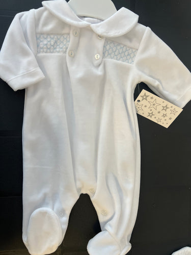 Spanish white and blue velour smocked baby gro can be personalised