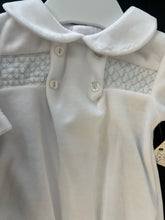 Load image into Gallery viewer, Spanish white and blue velour smocked baby gro can be personalised