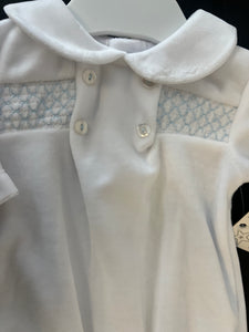 Spanish white and blue velour smocked baby gro can be personalised
