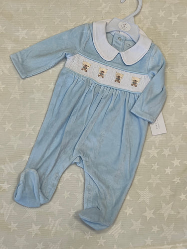 Blue smocked baby gro