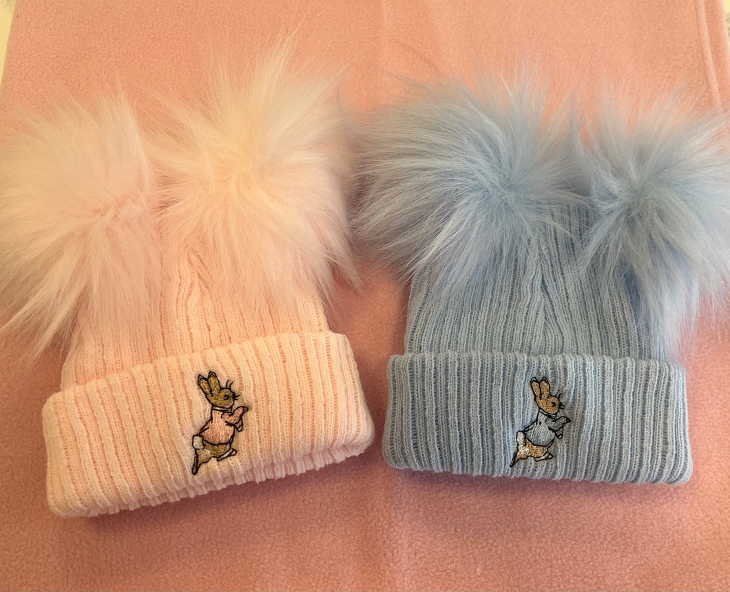 Rabbit newborn double pom pom hat