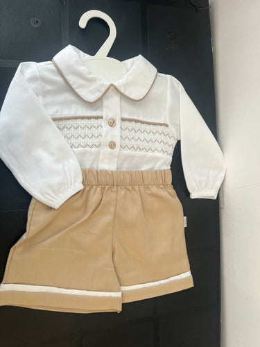 Smocked short set camel