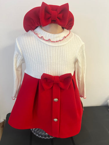 Baby girls knit dress and matching beret hat red