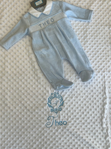 Personalised smocked baby gro and blanket set