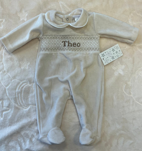 Camel velour smocked baby gro can be personalise