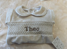 Load image into Gallery viewer, Camel velour smocked baby gro can be personalise