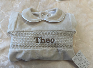 Camel velour smocked baby gro can be personalise