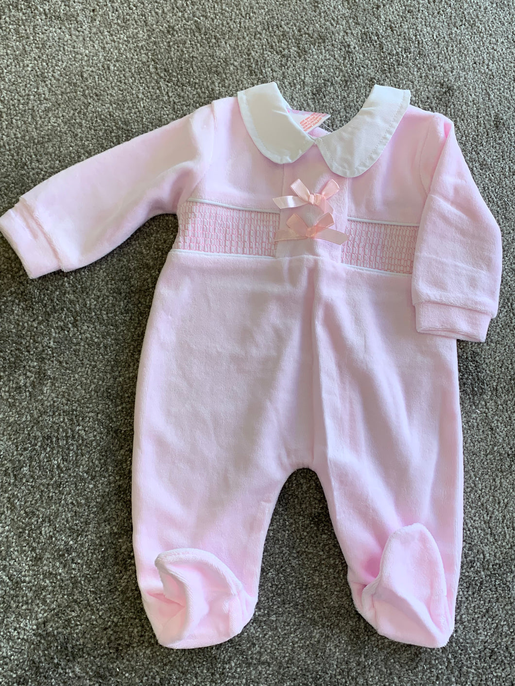 Velour smocked bow baby gro