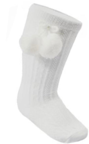 Soft touch knee high pom pom socks - white