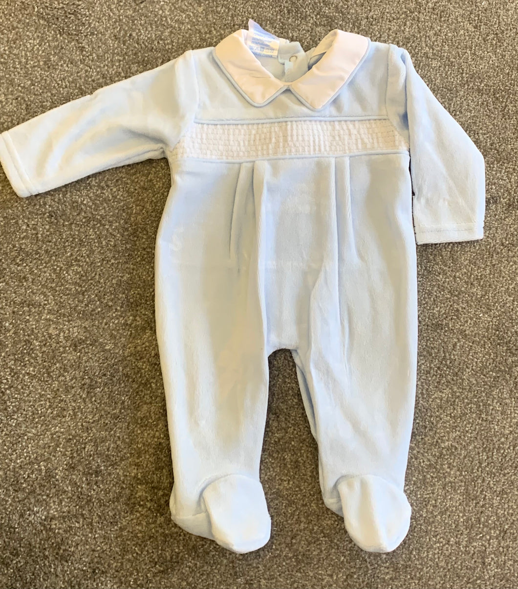 Velour smocked baby gro blue