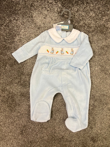 Velour bunny baby gro blue