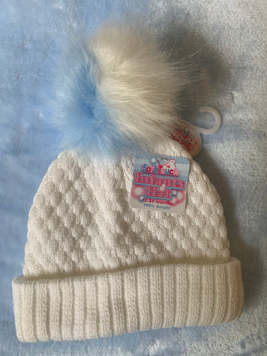 Pom Pom hat white and blue - 12-24 months