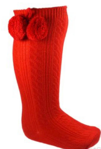 Soft touch knee high pom pom socks - red