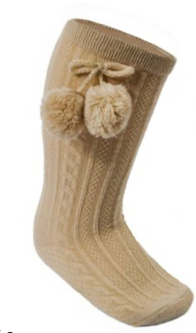 Soft touch pom pom knee high socks - camel