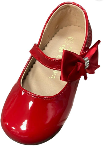 Red patent side bow shoes