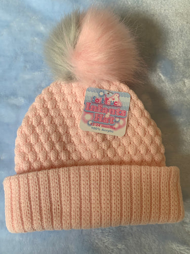 Pom Pom hat pink and grey - 12-24 months